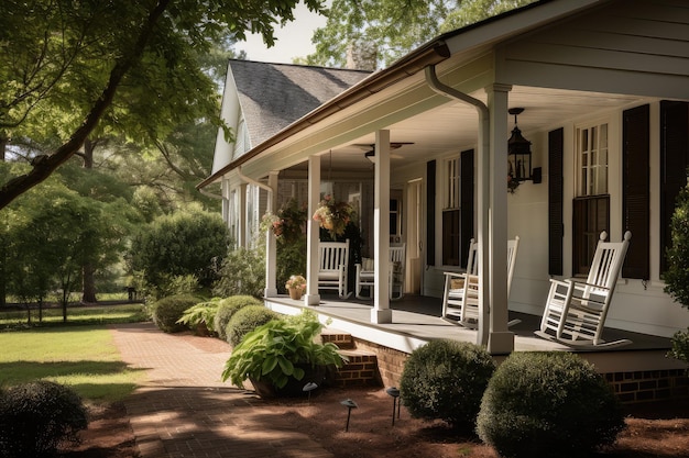 Shingleroofed house with shady porch and rockers on the lawn