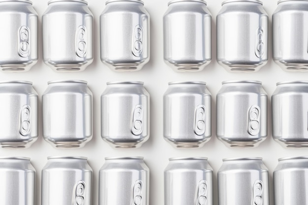 Photo shining aluminum cans a captivating top view perspective on a white background