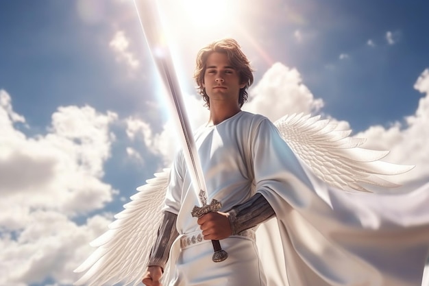 A shining angel in white clothes with a sword in his hand in the sky on the clouds a defender of goodness and justice a warrior of light generation AI