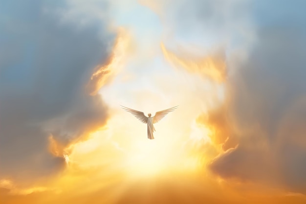 Сияющий ангел с крыльями в небе во время восхода или заката солнца.