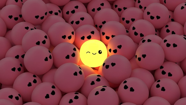 Shining ball with smiley face among many pink balls with love\
face 3d rendering background