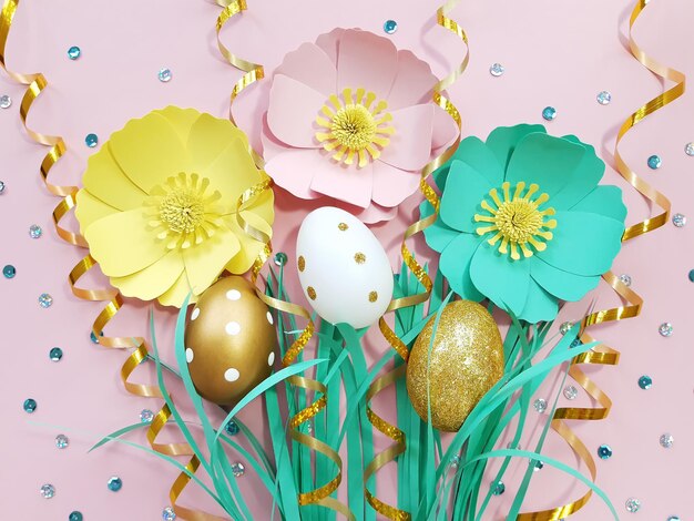 Photo shining composition of flowers, three golden and white eggs, grass, ribbon and sequins on pastel pink background. advertising content for the easter holiday. flat lay, top view