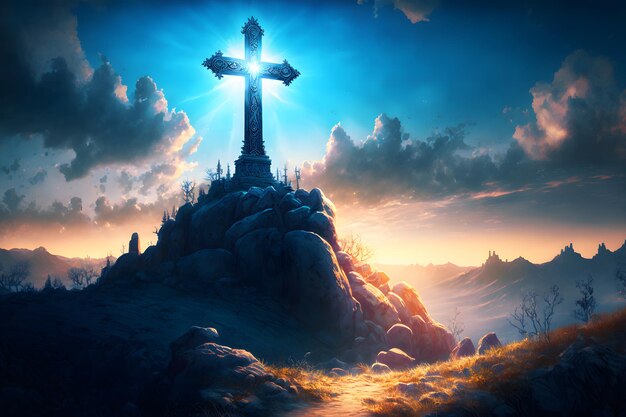 Shining cross on Calvary hill Golgotha blue sky sunset Cross is a symbol of faith and love Grave on the mountain sunrise