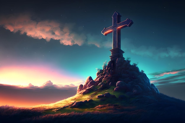 Shining cross on calvary hill golgotha blue sky sunset cross is\
a symbol of faith and love grave on the mountain sunrise