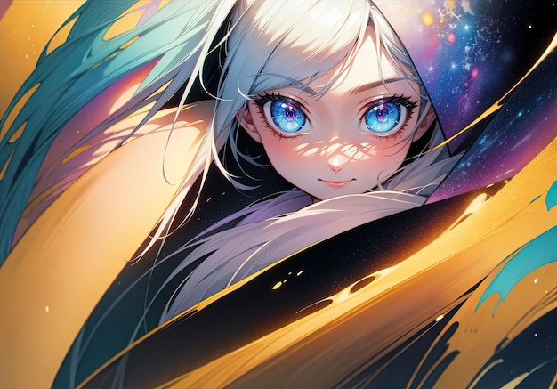 Сияющие глаза стража галактики на краю туманности привлекательная аниме девушка иллюстрация в стиле манга генеративный ай