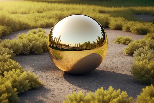 Фото Блестящая золотая металлическая сфера с центральным отверстием на земле с естественным фоном 3d-рендеринга