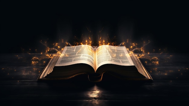 Shining Holy Bible Ancient book banner illustration. AI generative.