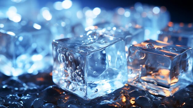 Shining ice cubes under blue light on liquid background