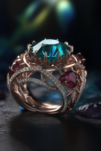 A shining jewelry design spidersilk ring diamonds and gems generative AI