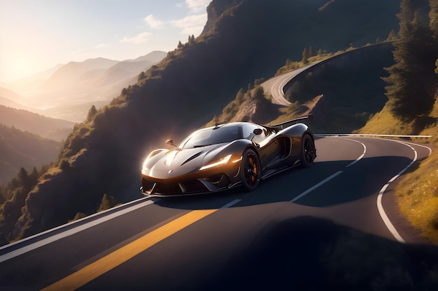 A shining photorealistic supercar cruising along a winding mountain road generated by Ai