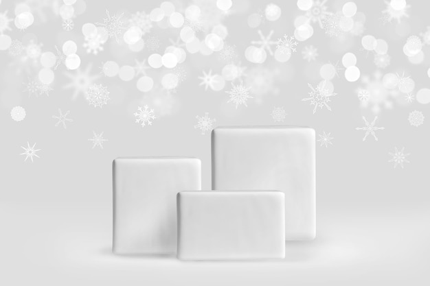 クリスマス、冬のコンセプトの雪に覆われた製品の背景を照らす雪の上の商品のツリー表彰台