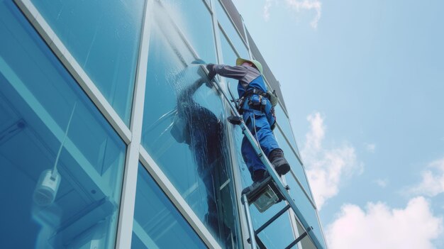 Shining through A skilled male cleaner elegantly spruces up the buildings facade offering spotles