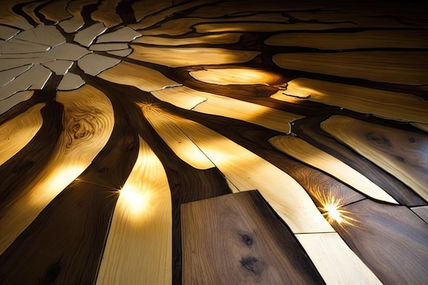 Shining wooden floor with beautiful veneer in tree bark pattern