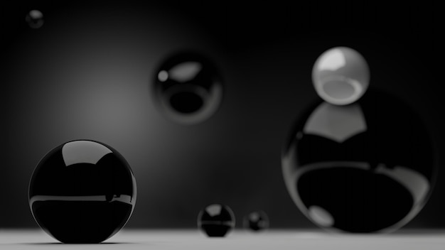 A shinning black pearl on white floor with blur back and white pearl in background 3D Rendering