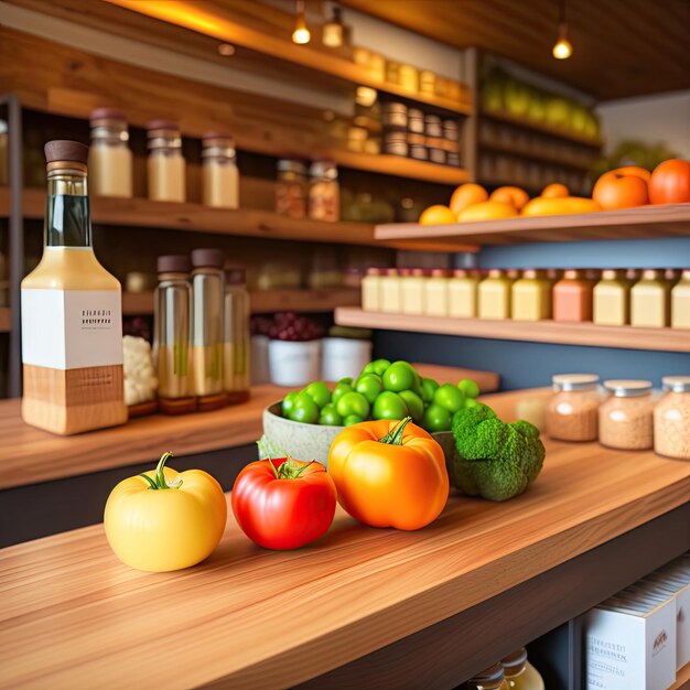 Shinny empty natural wooden counter top in an ecofriendly grocery store with beautiful wooden produ