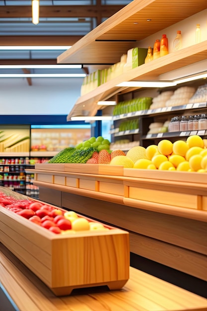 Shinny empty natural wooden counter top in an ecofriendly grocery store with beautiful wooden produ