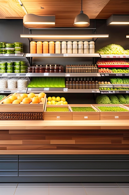 Shinny empty natural wooden counter top in an ecofriendly grocery store with beautiful wooden produ