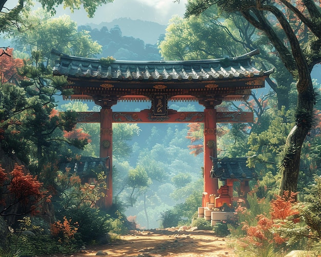 Shinto shrine torii gate framing a peaceful forest the traditional structure blends with nature