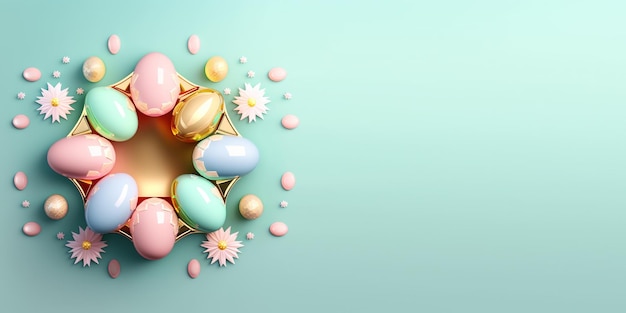 Shiny 3d easter eggs celebration background and banner with flower ornament and copy space