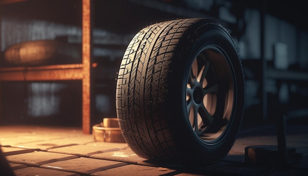 Photo shiny alloy wheel in modern auto repair shop with machinery generated by artificial intelligence