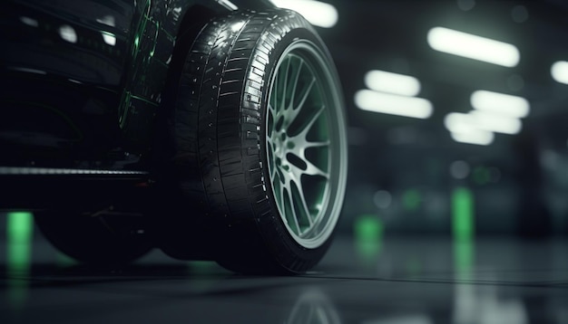 Shiny alloy wheel reflects modern sports car speed and performance generated by artificial intelligence