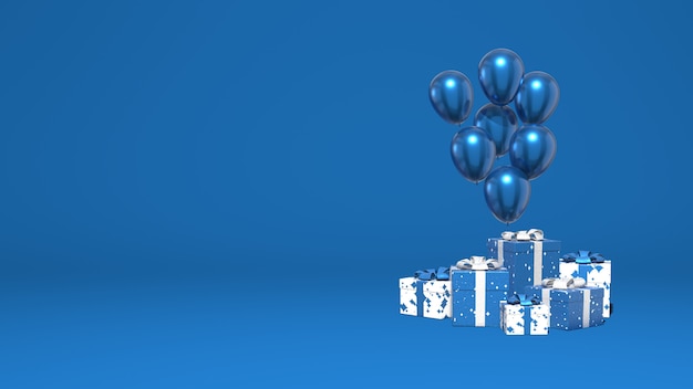 Shiny balloons and a bunch of gift boxes. Decoration holiday, presentation, promotion. Stylish minimal abstract scene. Trendy classic blue color. 3D rendering