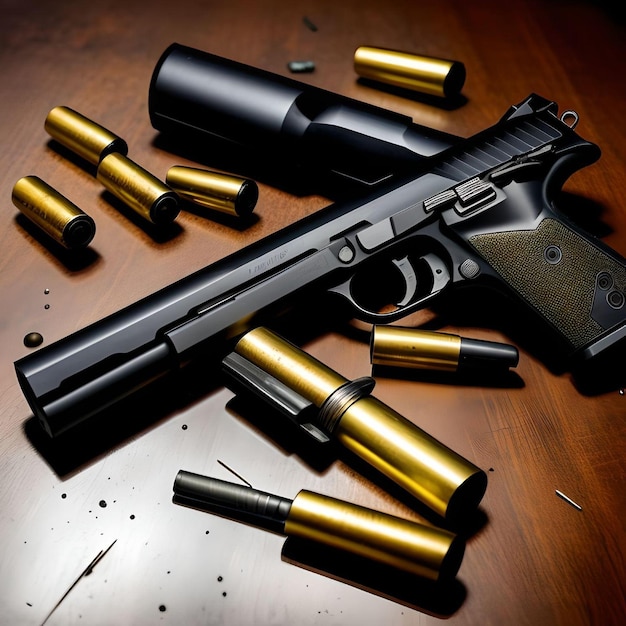 Shiny black gun with its equipments and bullets scattered on a wooden table