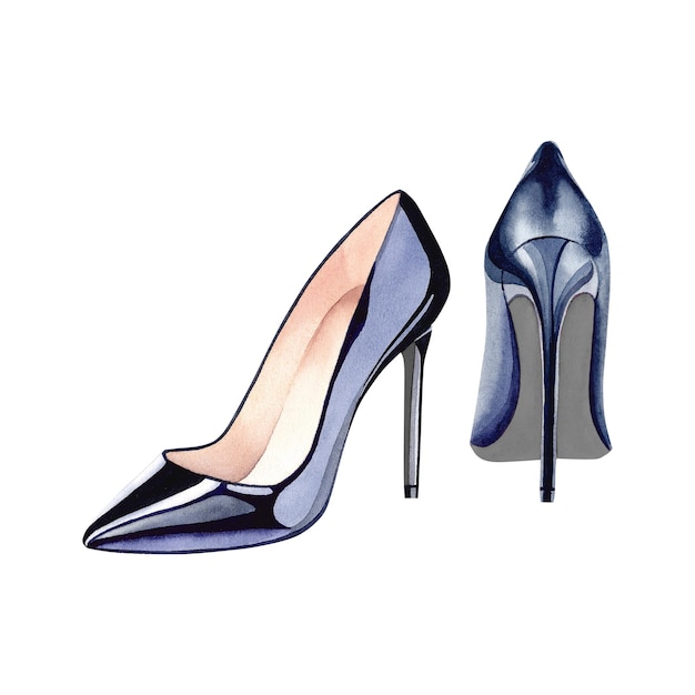 shiny black highheeled shoes hairpin watercolor illustration on an isolated background a fashion accessory female beauty elegant legs