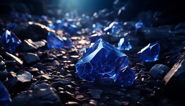 Photo shiny blue gemstone precious crystal glowing in nature generated by ai