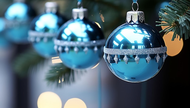 Блестящий синий орнамент, висящий на рождественской елке, сгенерированный ИИ