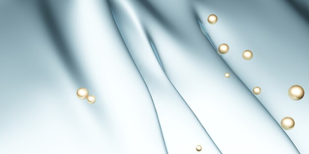 Shiny blue silk with gold pearls sparkling surface 3D illustration