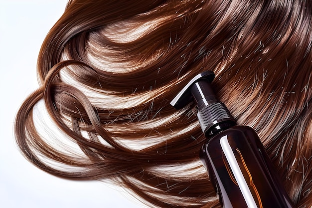 Photo shiny brown hair on white background with care products for healthy strong strands concept hair care brown hair healthy strands white background hair products