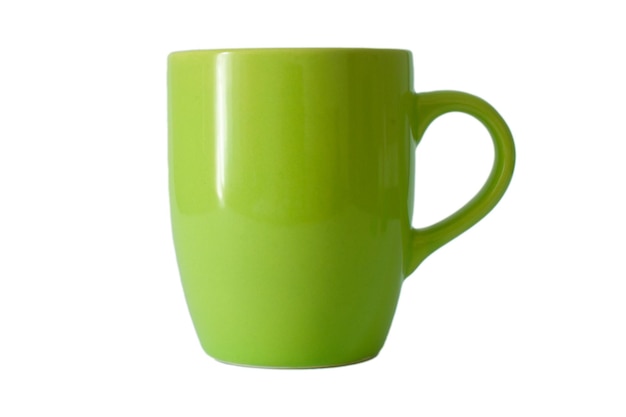 Shiny ceramic green color tea, coffee or hot beverage cup or mug isolated on white background.