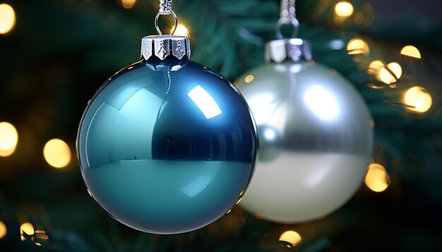 Shiny Christmas ornament hanging on tree branch generated by AI