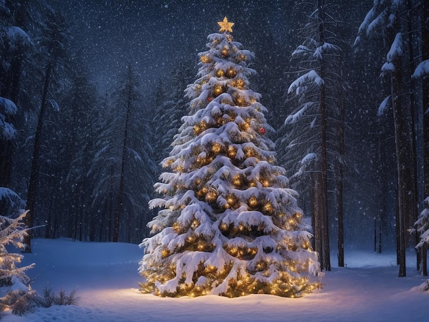 雪の中の青い背景に光沢のあるクリスマス ツリー