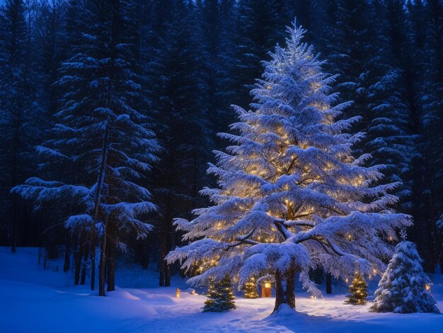 雪の中の青い背景に光沢のあるクリスマス ツリー