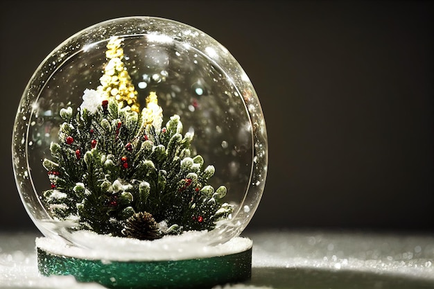 shiny christmas tree in snow globe