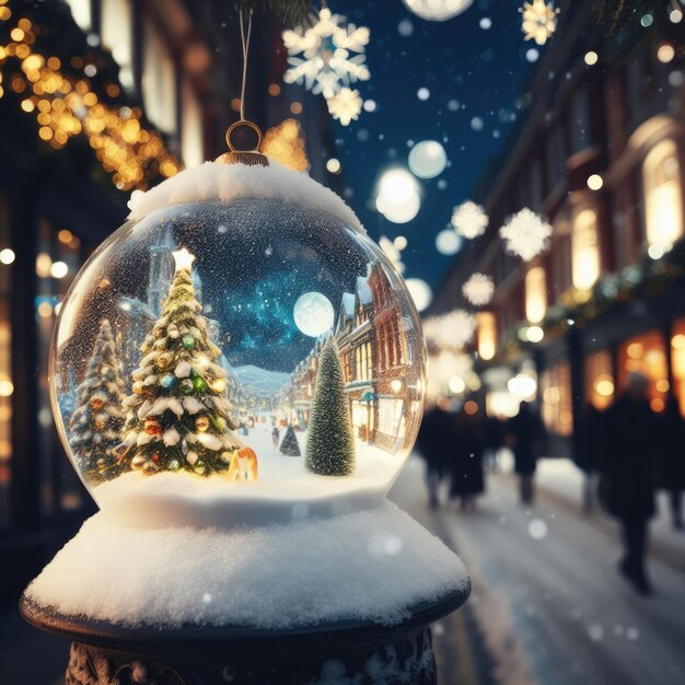 Photo shiny christmas tree in snow globe
