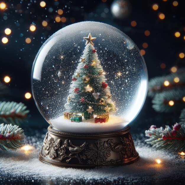 雪の球の中の輝くクリスマスツリー