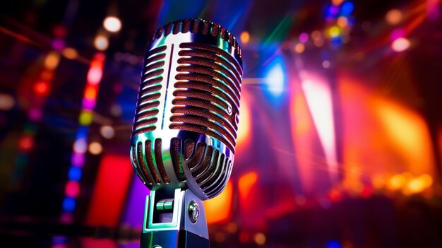 Photo shiny chrome microphone glows under nightclub spotlight