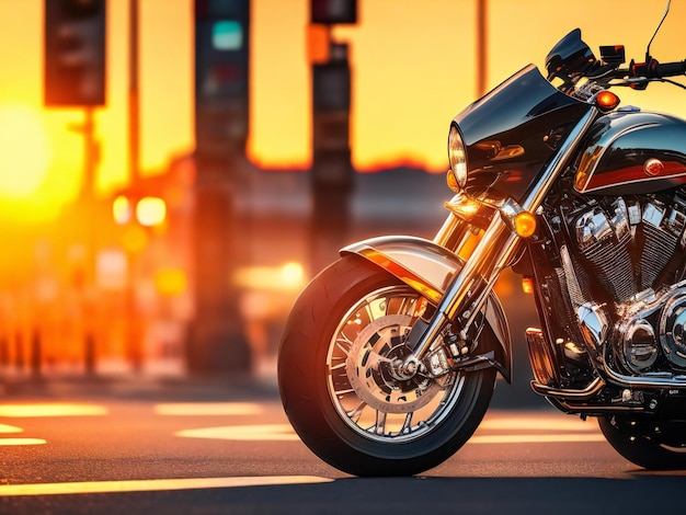 Блестящий хромированный мотоцикл отражает закат, расфокусированный городской трафик на заднем плане.