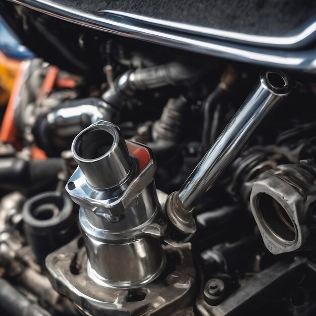 A shiny chrome socket wrench in front of a car engine before for servicing and repair