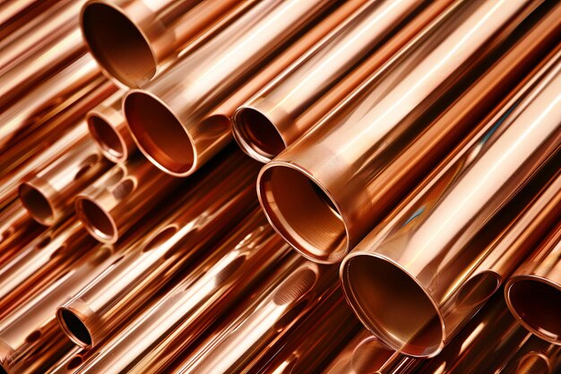 Photo shiny copper pipes in a closeup industrial setting