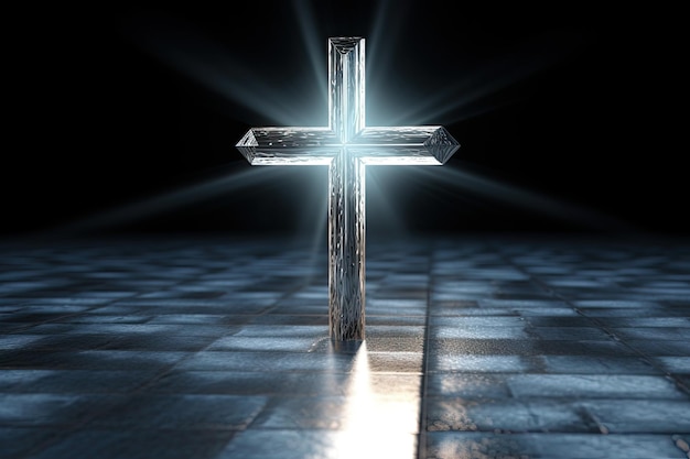 a shiny cross on a tile floor