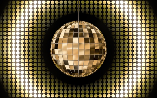 Photo shiny disco ball with golden light background 3d rendering