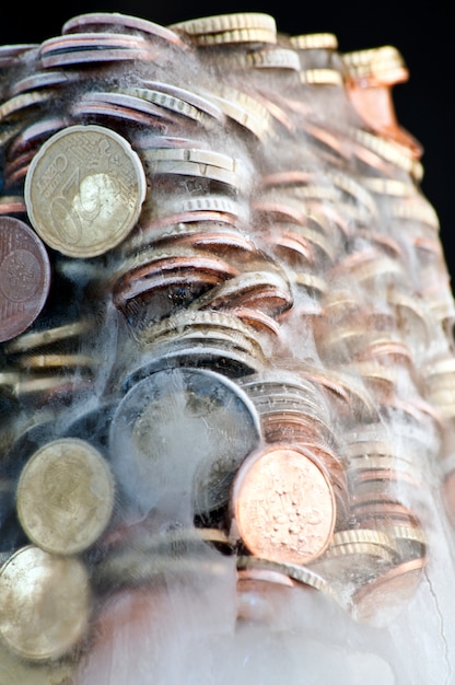 Shiny euro coins frozen in ice