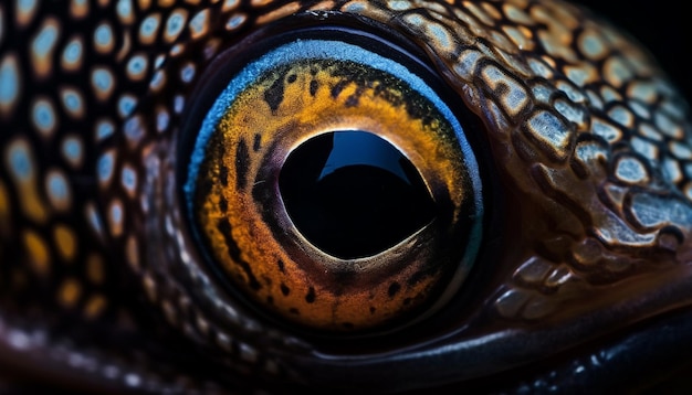 AI によって生成された水中のサンゴ礁のポートレートに、光沢のある魚の目が青い円を反映しています