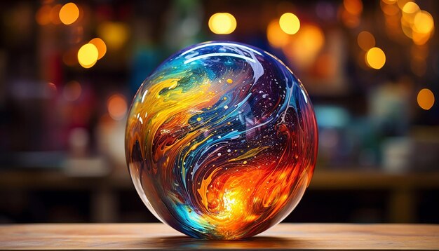 A shiny gazing ball with a reflection of a bright and colourful nebula