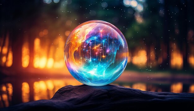 A shiny gazing ball with a reflection of a bright and colourful nebula