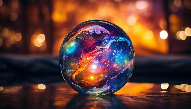 A shiny gazing ball with a reflection of a bright and colourful nebula